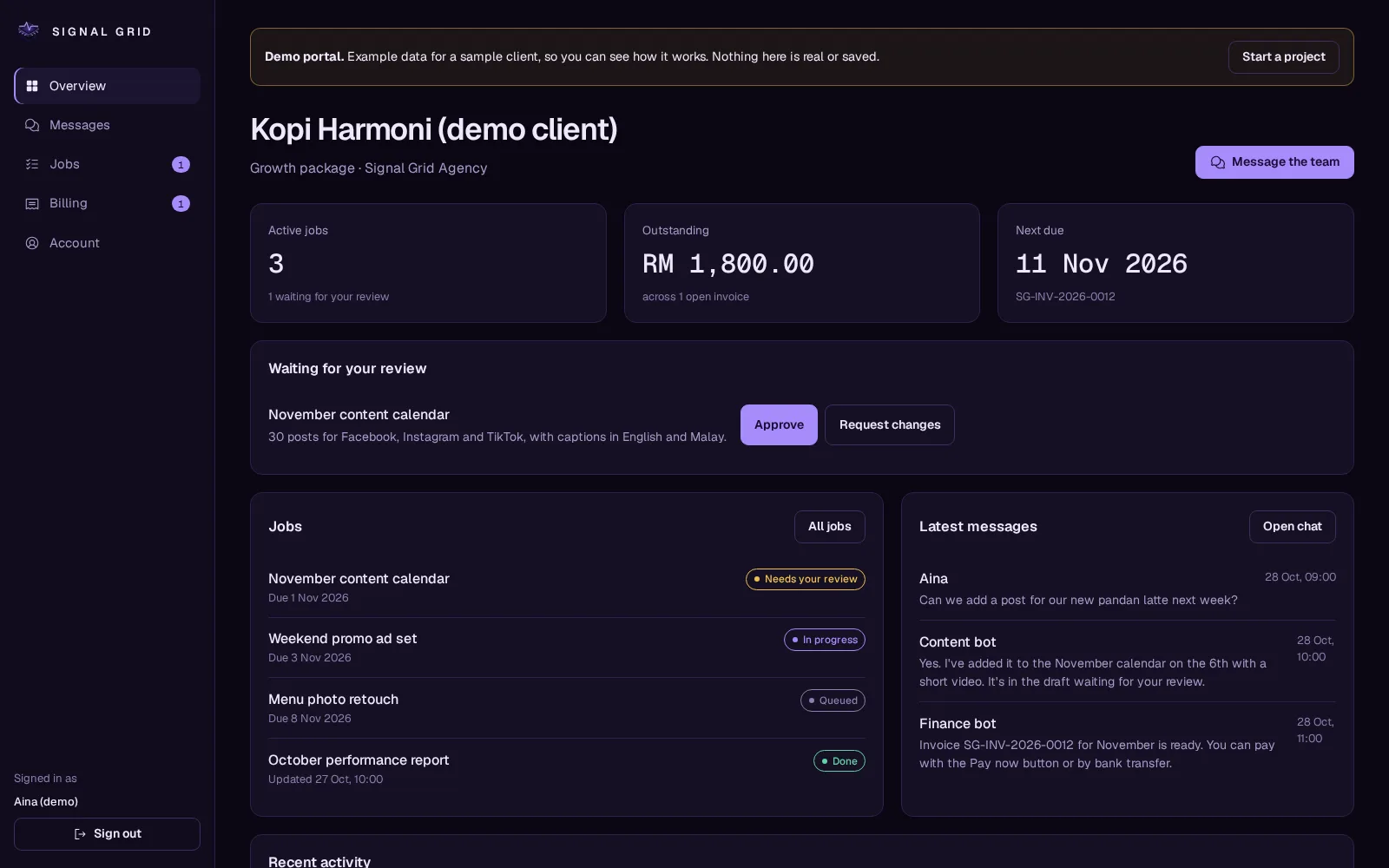 The Signal Grid client portal showing jobs, messages from the bot team and invoices